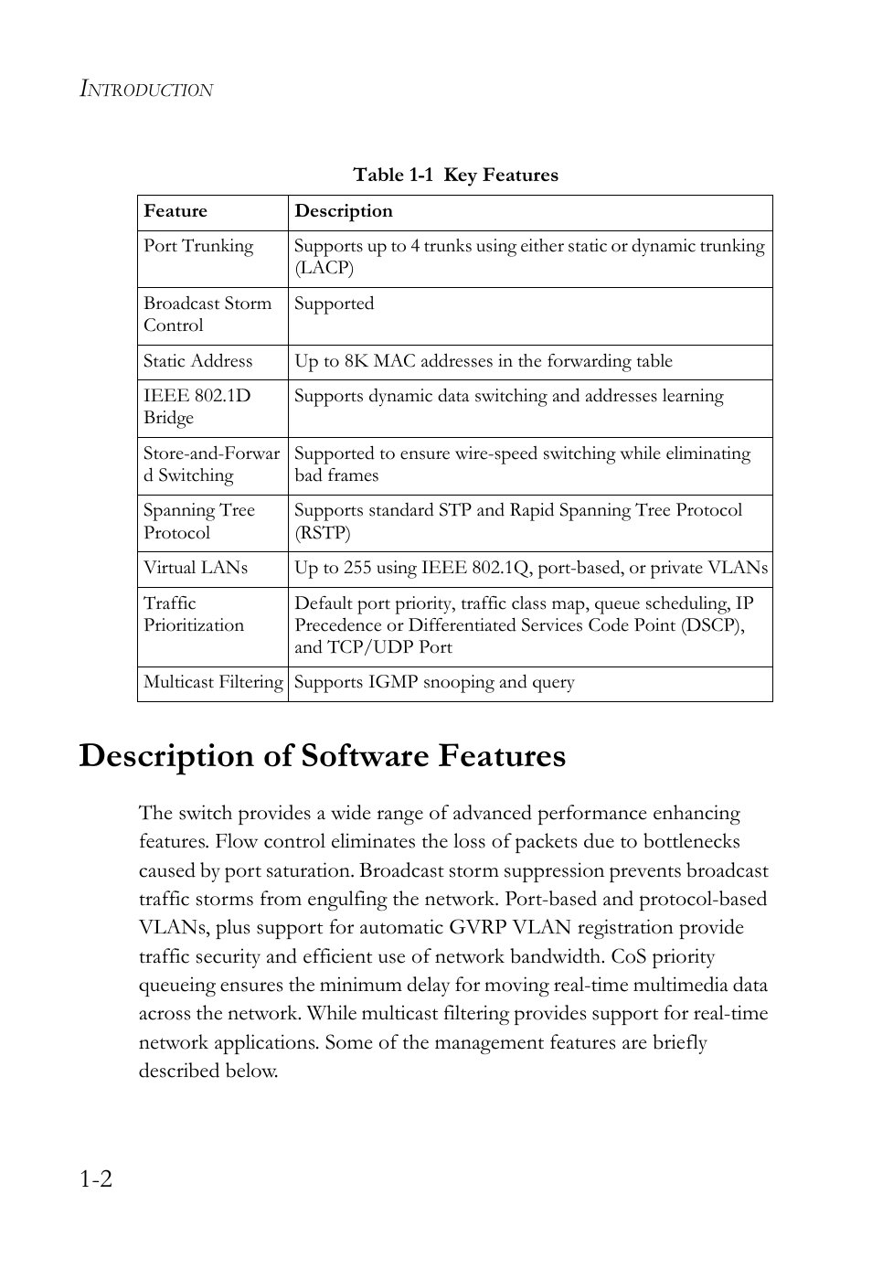 Description of software features, Description of software features -2 | SMC Networks TigerSwitch User Manual | Page 28 / 518
