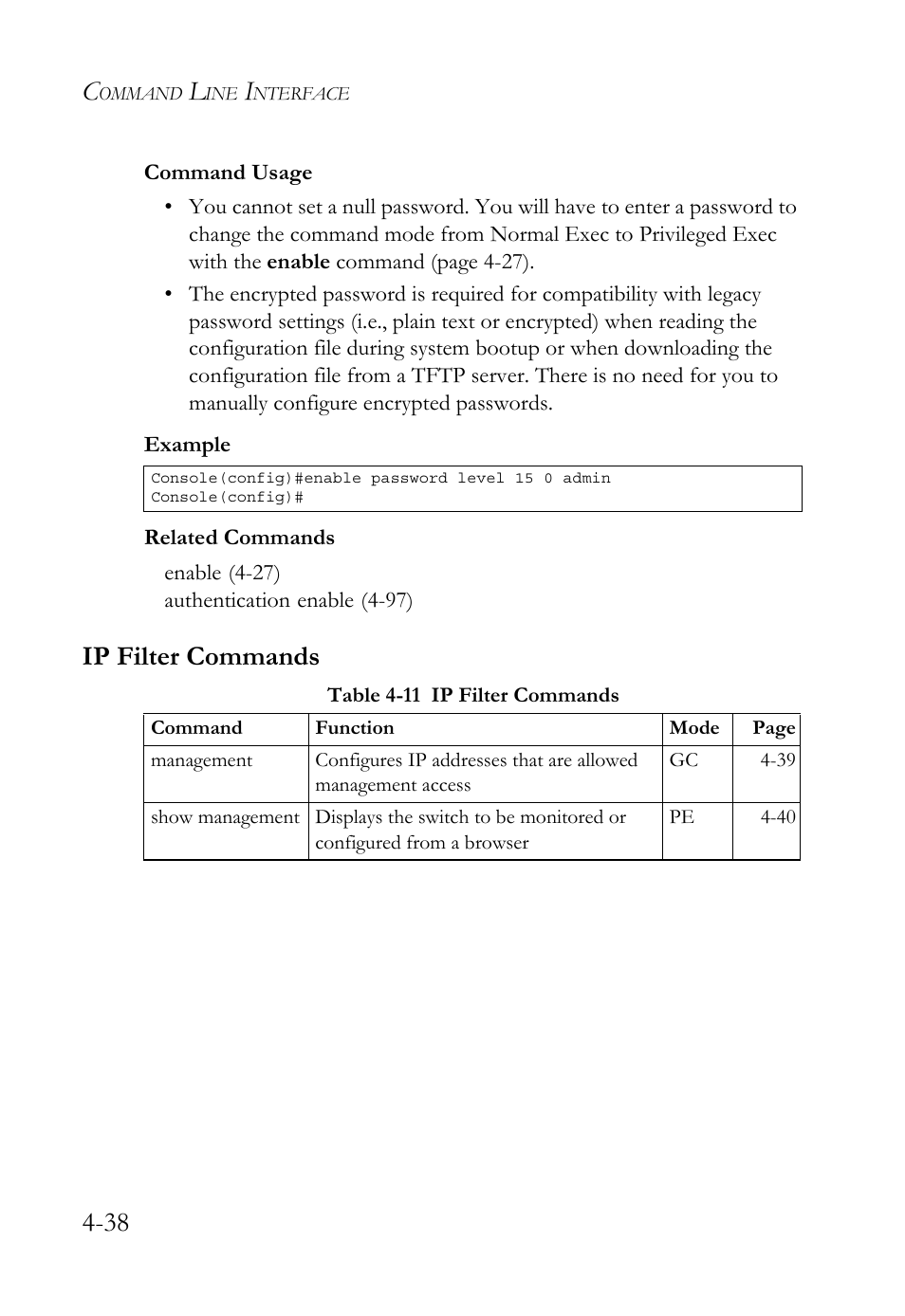 Ip filter commands, Ip filter commands -38, Table 4-11 ip filter commands -38 | SMC Networks TigerSwitch User Manual | Page 280 / 518