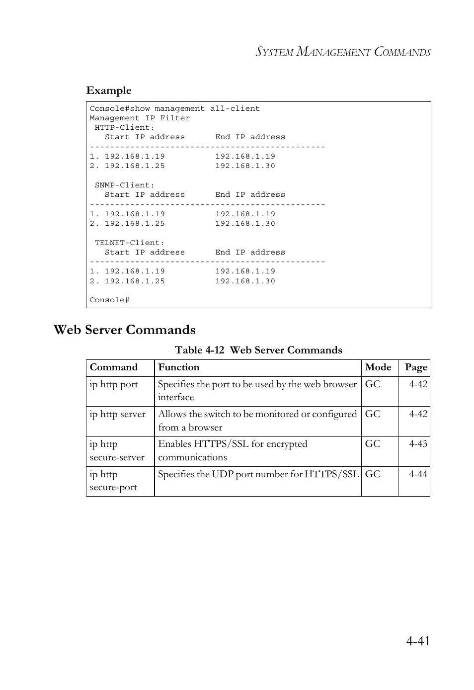Web server commands, Web server commands -41, Table 4-12 web server commands -41 | SMC Networks TigerSwitch User Manual | Page 283 / 518