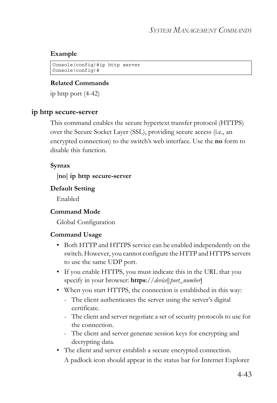 Ip http secure-server, Ip http secure-server -43 | SMC Networks TigerSwitch User Manual | Page 285 / 518