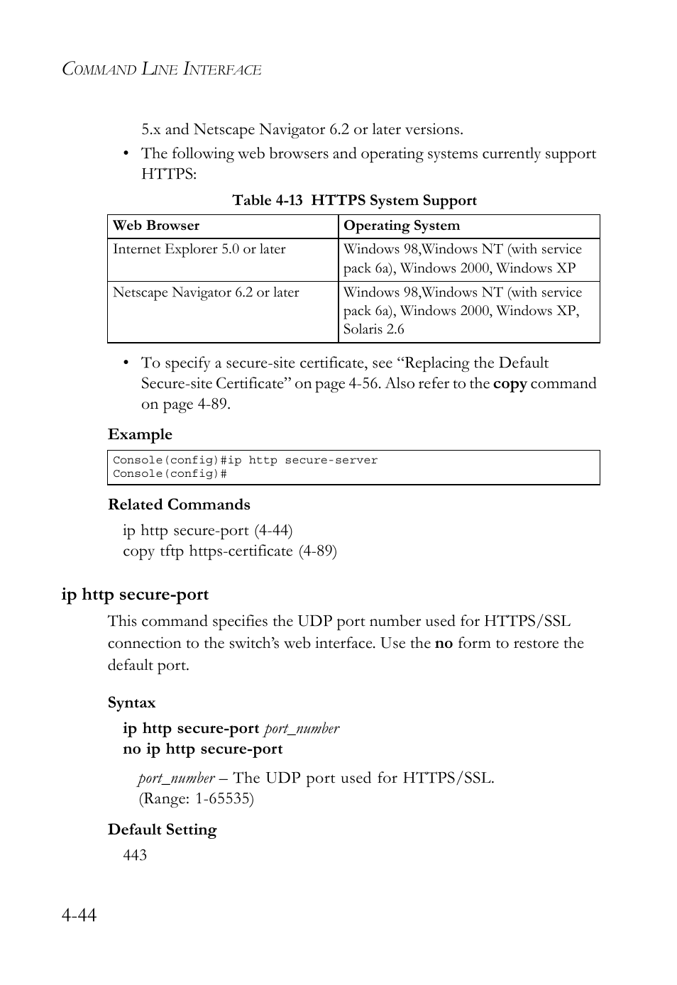 Ip http secure-port, Ip http secure-port -44, Table 4-13 https system support -44 | SMC Networks TigerSwitch User Manual | Page 286 / 518
