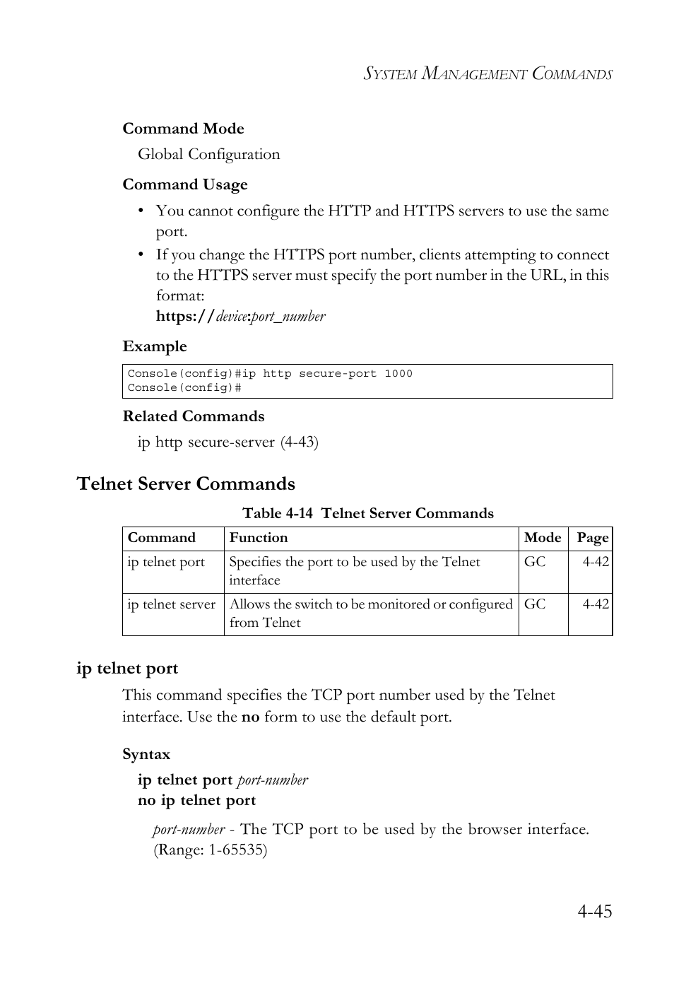 Telnet server commands, Ip telnet port, Telnet server commands -45 | Ip telnet port -45, Table 4-14 telnet server commands -45 | SMC Networks TigerSwitch User Manual | Page 287 / 518