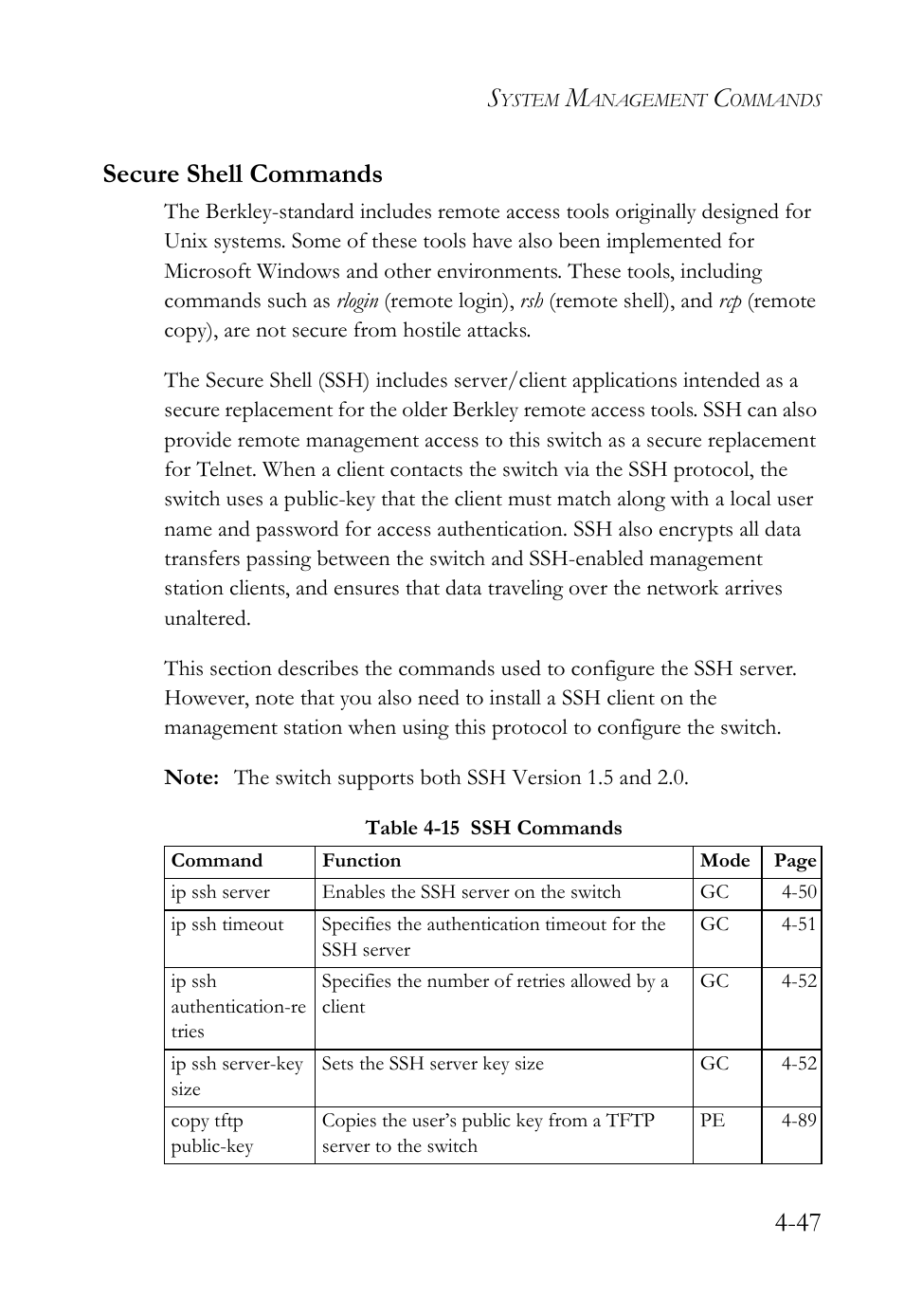 Secure shell commands, Secure shell commands -47, Table 4-15 ssh commands -47 | 47 secure shell commands | SMC Networks TigerSwitch User Manual | Page 289 / 518