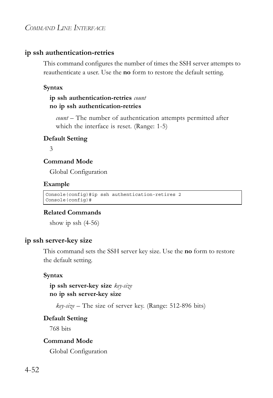 Ip ssh authentication-retries, Ip ssh server-key size | SMC Networks TigerSwitch User Manual | Page 294 / 518