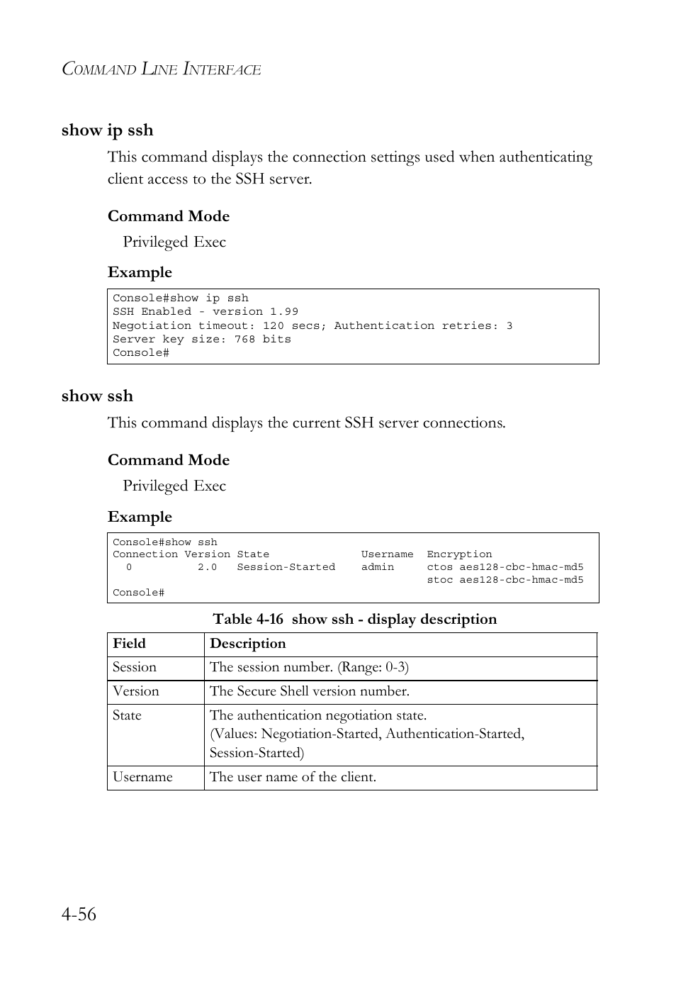 Show ip ssh, Show ssh, Show ip ssh -56 show ssh -56 | Table 4-16 show ssh - display description -56, Show ssh (4-56), Show ip ssh (4-56) | SMC Networks TigerSwitch User Manual | Page 298 / 518