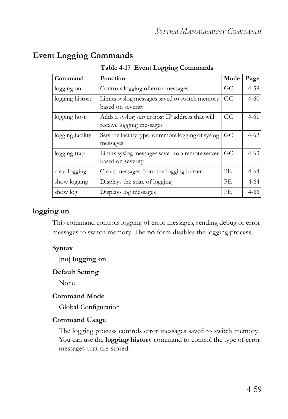 Event logging commands, Logging on, Event logging commands -59 | Logging on -59, Table 4-17 event logging commands -59, 59 event logging commands | SMC Networks TigerSwitch User Manual | Page 301 / 518