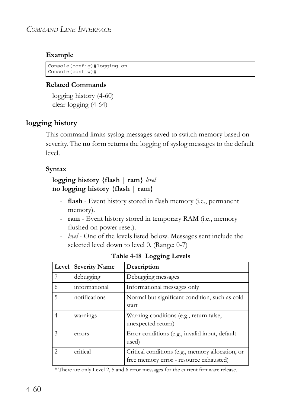 Logging history, Logging history -60, Table 4-18 logging levels -60 | SMC Networks TigerSwitch User Manual | Page 302 / 518