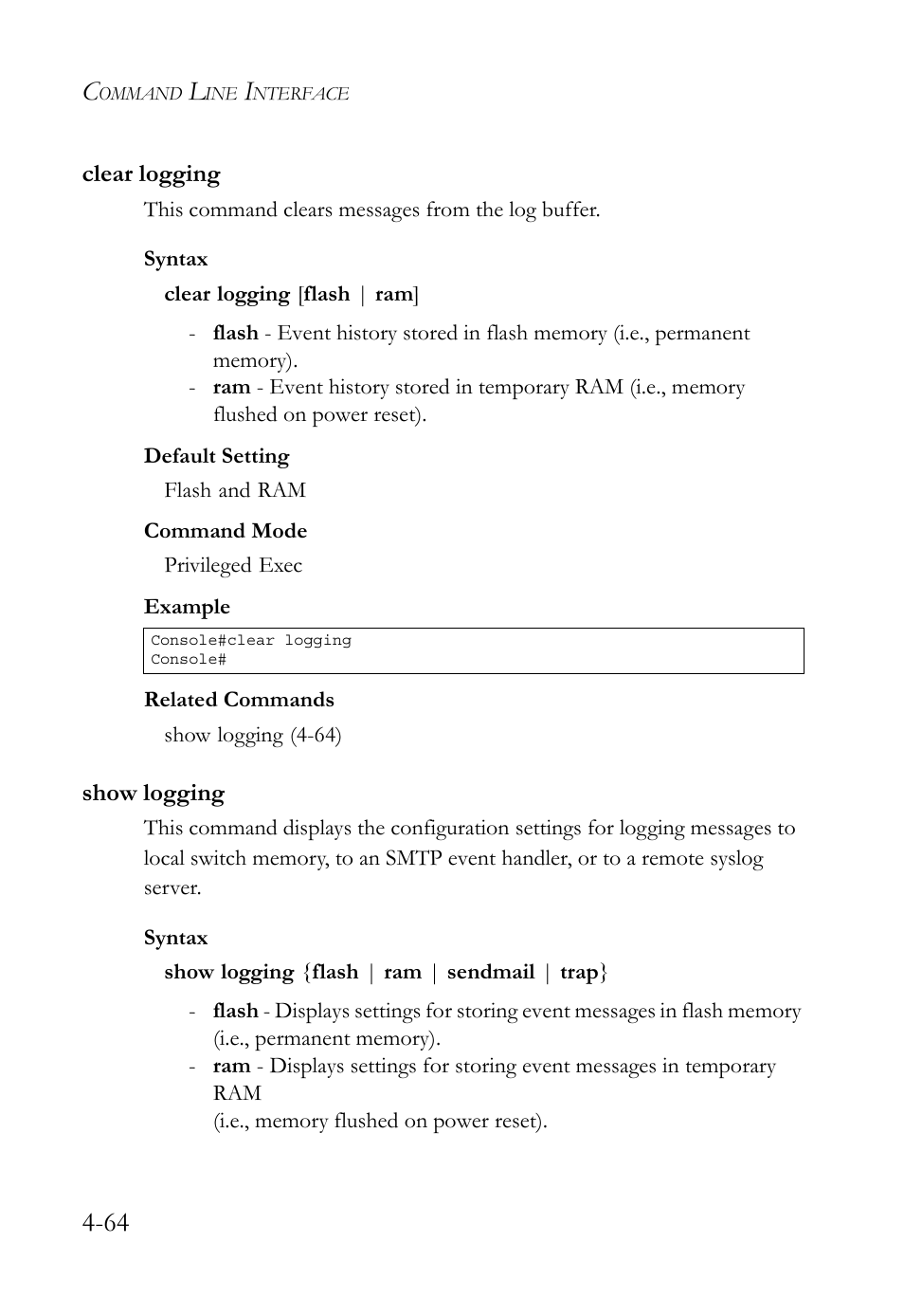 Clear logging, Show logging, Clear logging -64 show logging -64 | SMC Networks TigerSwitch User Manual | Page 306 / 518
