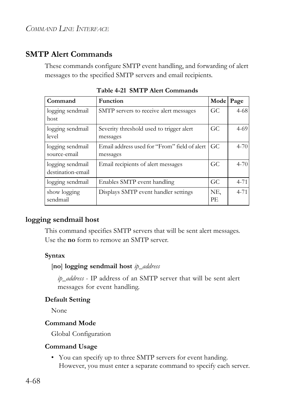 Smtp alert commands, Logging sendmail host, Smtp alert commands -68 | Logging sendmail host -68, Table 4-21 smtp alert commands -68, 68 smtp alert commands | SMC Networks TigerSwitch User Manual | Page 310 / 518