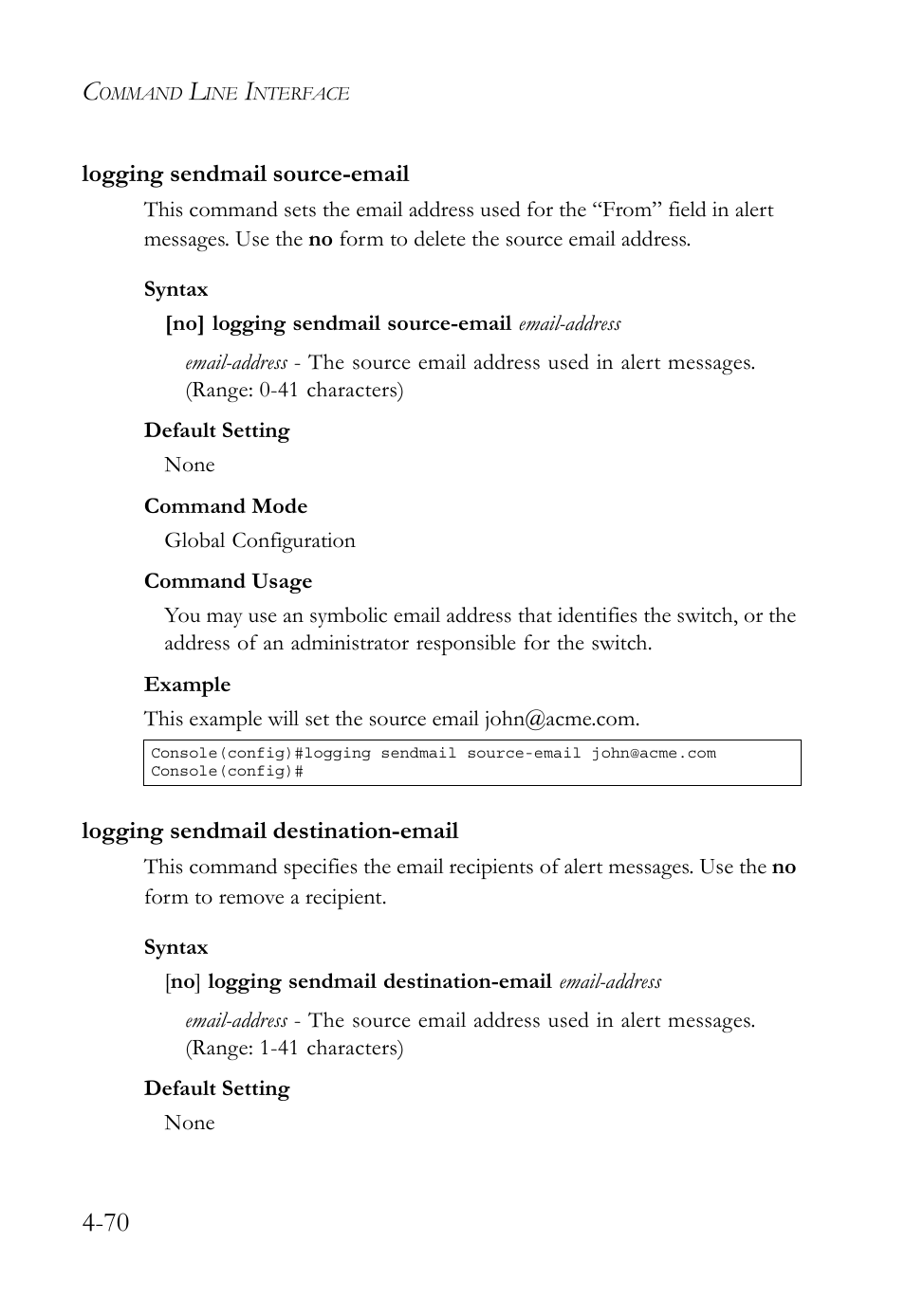 Logging sendmail source-email, Logging sendmail destination-email | SMC Networks TigerSwitch User Manual | Page 312 / 518