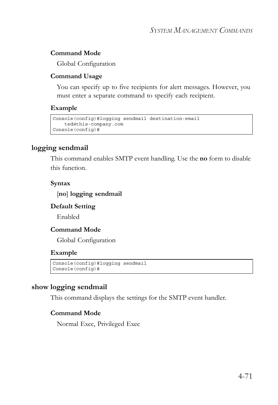 Logging sendmail, Show logging sendmail, Logging sendmail -71 show logging sendmail -71 | SMC Networks TigerSwitch User Manual | Page 313 / 518