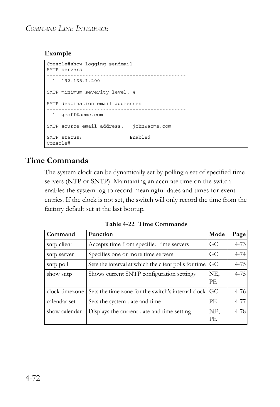 Time commands, Time commands -72, Table 4-22 time commands -72 | SMC Networks TigerSwitch User Manual | Page 314 / 518