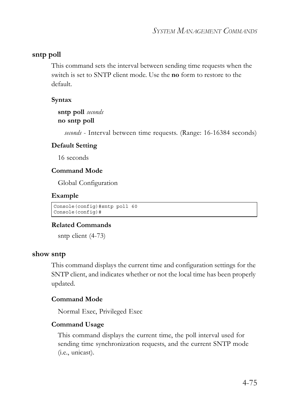 Sntp poll, Show sntp, Sntp poll -75 show sntp -75 | SMC Networks TigerSwitch User Manual | Page 317 / 518