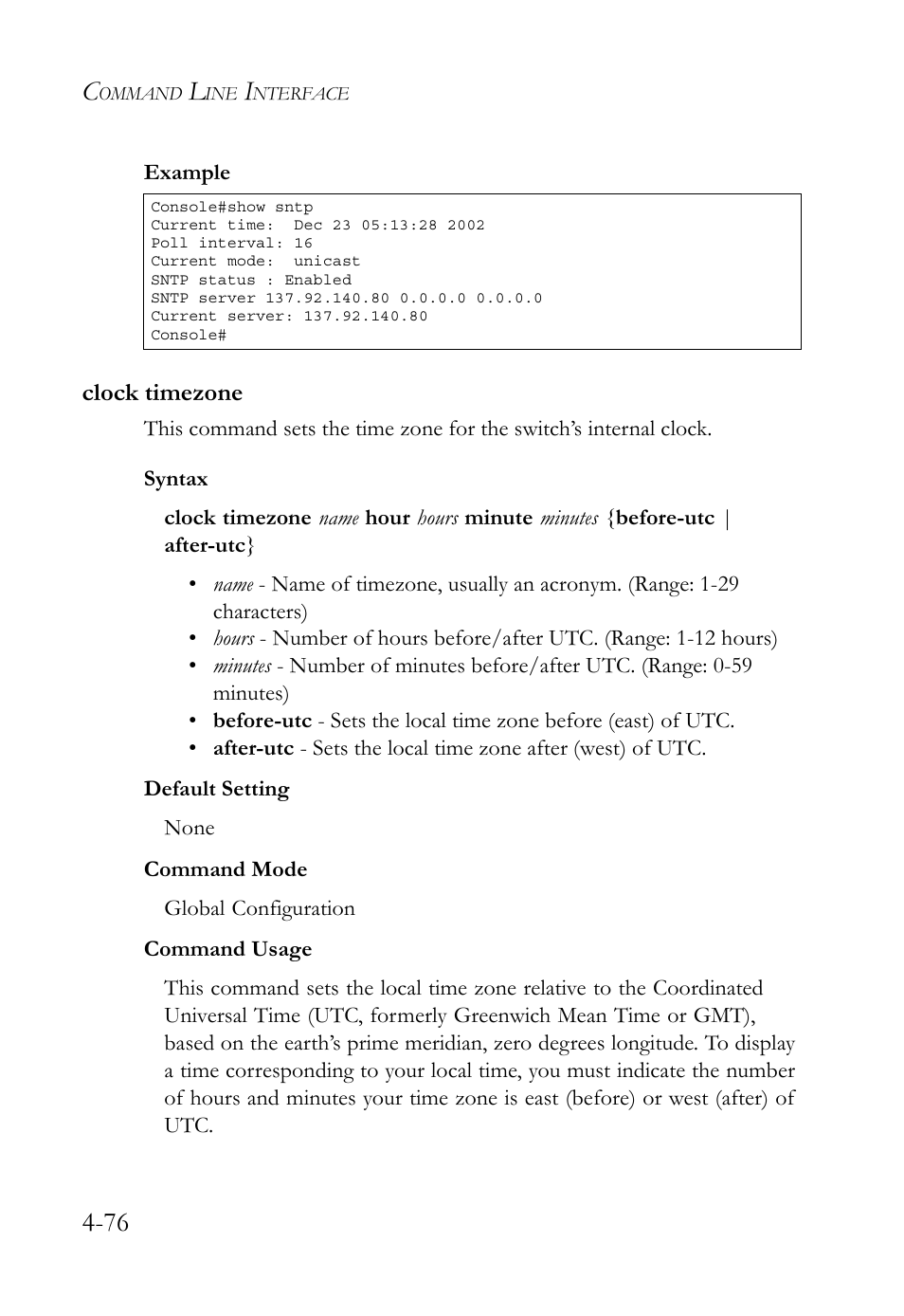 Clock timezone, Clock timezone -76 | SMC Networks TigerSwitch User Manual | Page 318 / 518