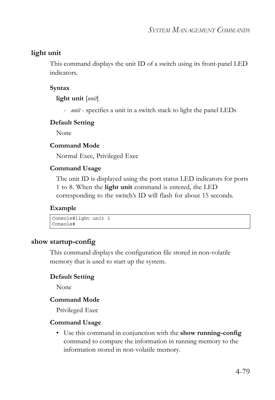 Light unit, Show startup-config, Light unit -79 show startup-config -79 | SMC Networks TigerSwitch User Manual | Page 321 / 518