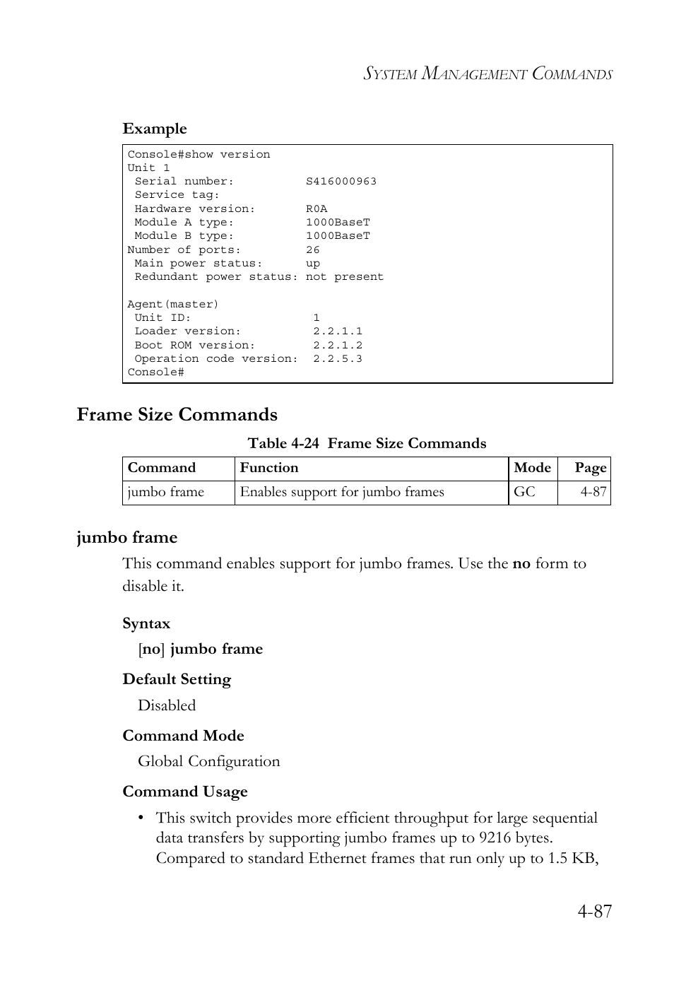 Frame size commands, Jumbo frame, Frame size commands -87 | Jumbo frame -87, Table 4-24 frame size commands -87 | SMC Networks TigerSwitch User Manual | Page 329 / 518