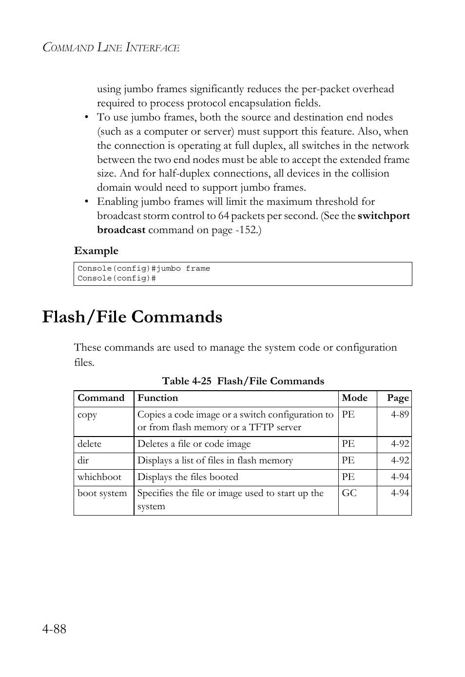 Flash/file commands, Flash/file commands -88, Table 4-25 flash/file commands -88 | SMC Networks TigerSwitch User Manual | Page 330 / 518