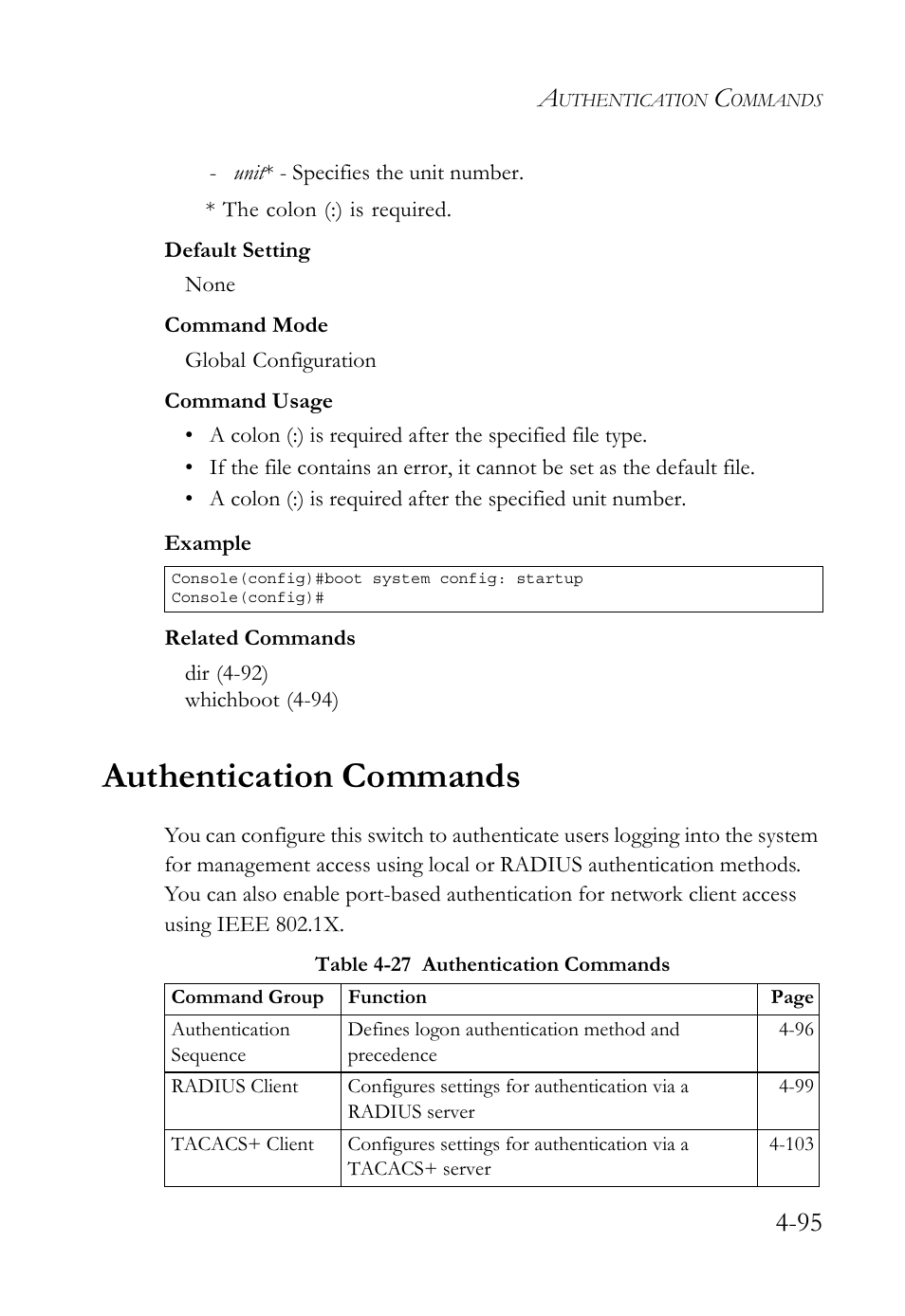 Authentication commands, Authentication commands -95, Table 4-27 authentication commands -95 | SMC Networks TigerSwitch User Manual | Page 337 / 518