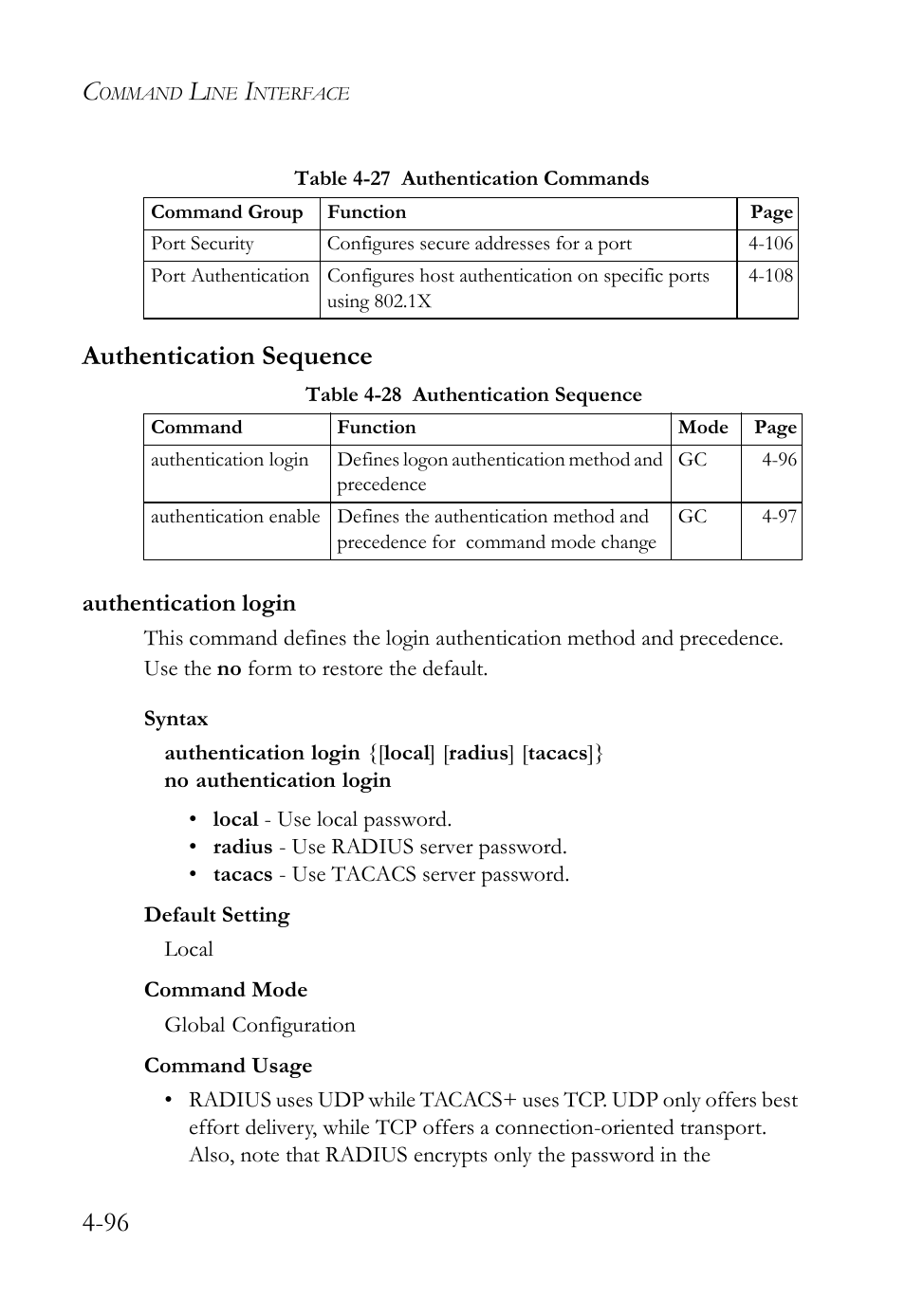 Authentication sequence, Authentication login, Authentication sequence -96 | Authentication login -96, Table 4-28 authentication sequence -96, 96 authentication sequence | SMC Networks TigerSwitch User Manual | Page 338 / 518