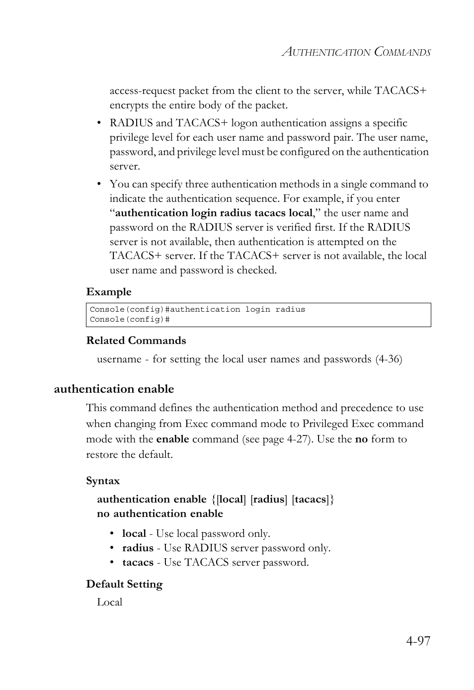 Authentication enable, Authentication enable -97, Authentication enable (4-97) | SMC Networks TigerSwitch User Manual | Page 339 / 518