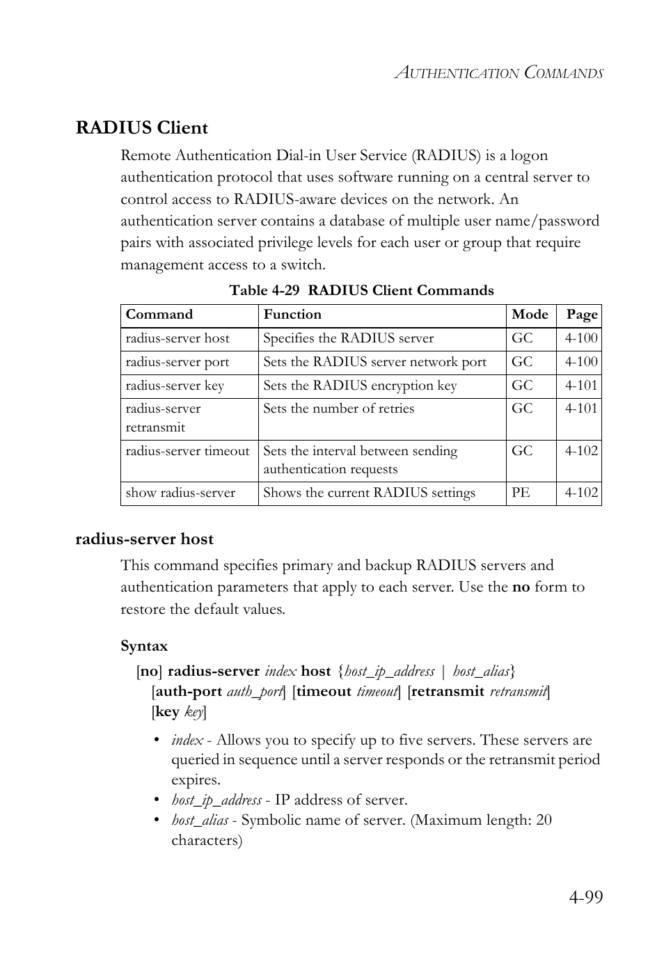 Radius client, Radius-server host, Radius client -99 | Radius-server host -99, Table 4-29 radius client commands -99, 99 radius client | SMC Networks TigerSwitch User Manual | Page 341 / 518