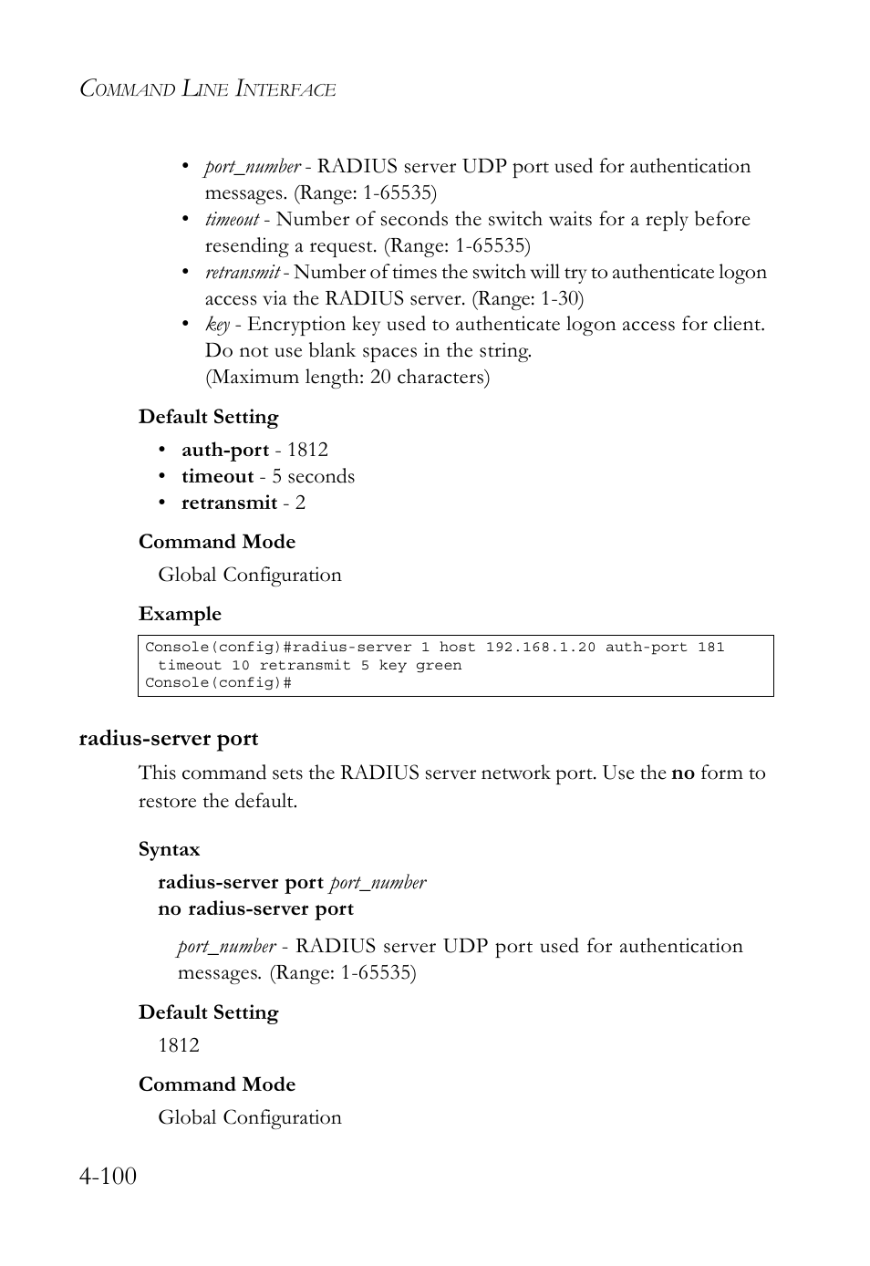 Radius-server port, Radius-server port -100 | SMC Networks TigerSwitch User Manual | Page 342 / 518