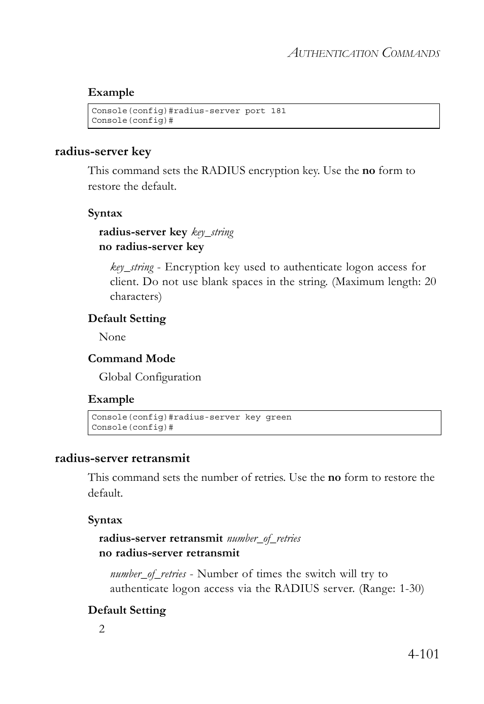 Radius-server key, Radius-server retransmit | SMC Networks TigerSwitch User Manual | Page 343 / 518