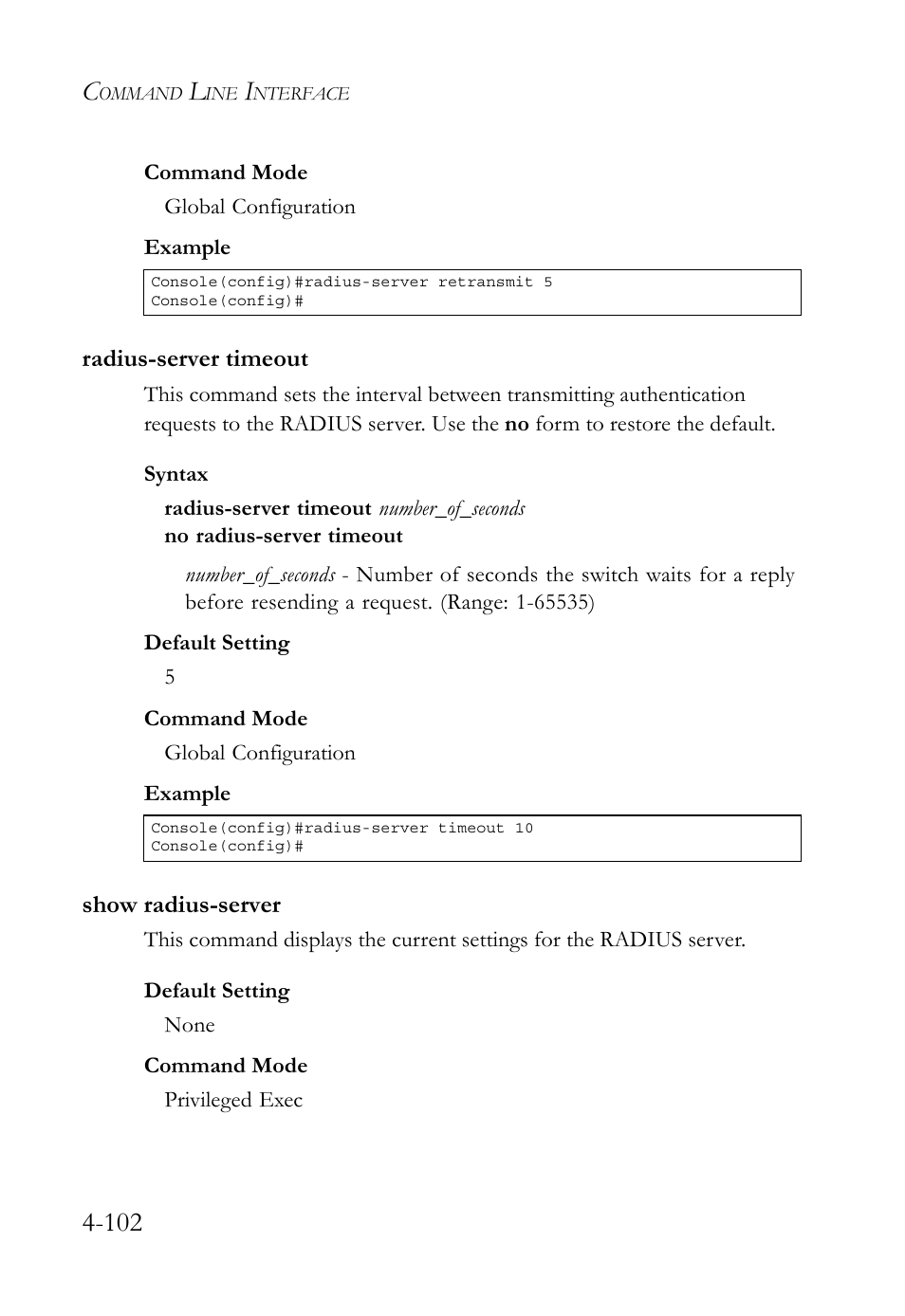 Radius-server timeout, Show radius-server, Radius-server timeout -102 show radius-server -102 | SMC Networks TigerSwitch User Manual | Page 344 / 518