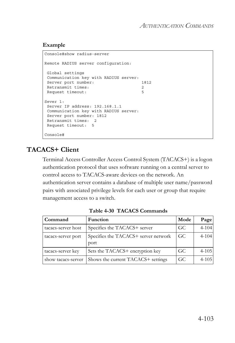 Tacacs+ client, Tacacs+ client -103, Table 4-30 tacacs commands -103 | SMC Networks TigerSwitch User Manual | Page 345 / 518