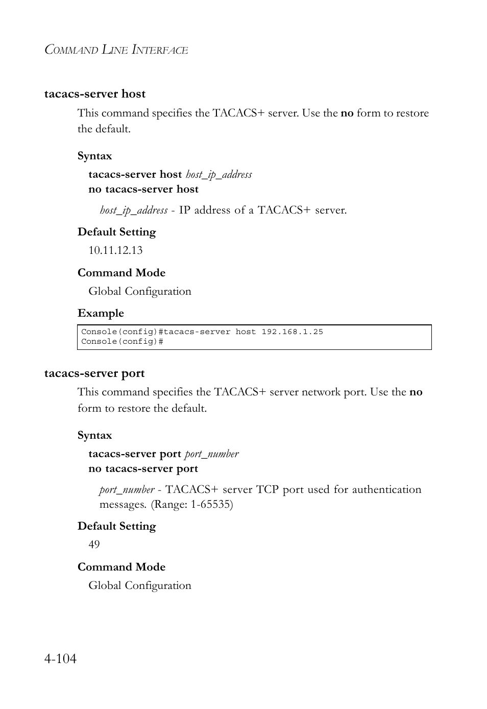 Tacacs-server host, Tacacs-server port, Tacacs-server host -104 tacacs-server port -104 | SMC Networks TigerSwitch User Manual | Page 346 / 518