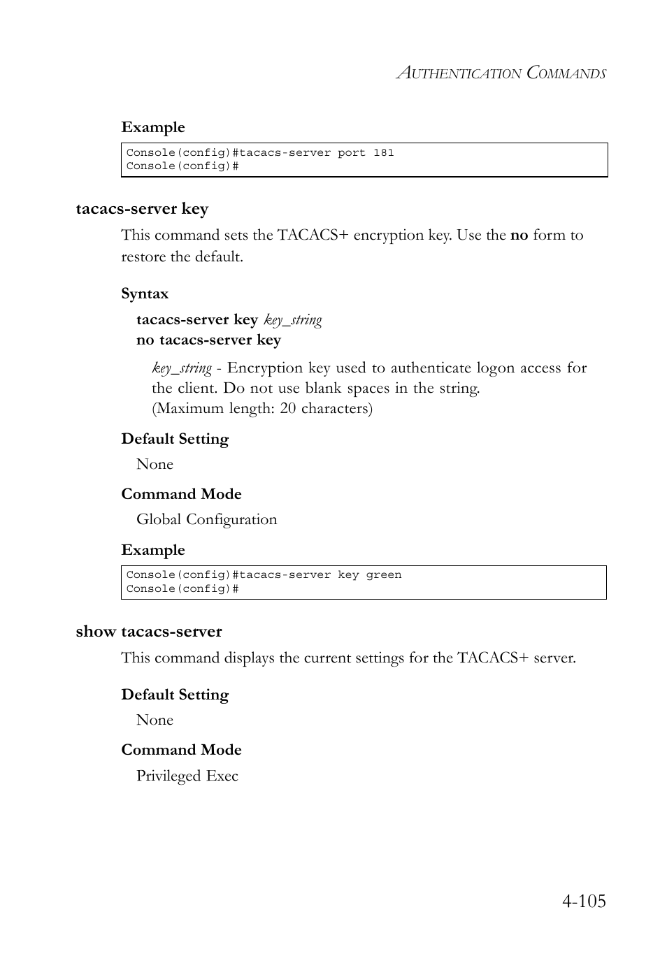 Tacacs-server key, Show tacacs-server, Tacacs-server key -105 show tacacs-server -105 | SMC Networks TigerSwitch User Manual | Page 347 / 518