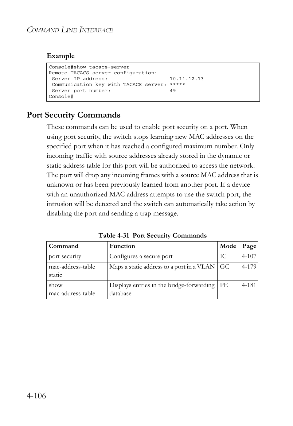Port security commands, Port security commands -106, Table 4-31 port security commands -106 | SMC Networks TigerSwitch User Manual | Page 348 / 518