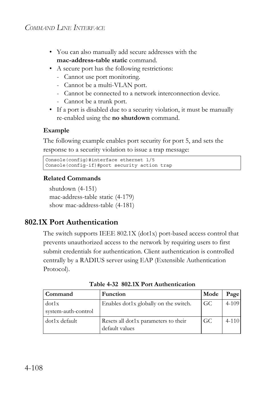 1x port authentication, 1x port authentication -108, Table 4-32 802.1x port authentication -108 | SMC Networks TigerSwitch User Manual | Page 350 / 518