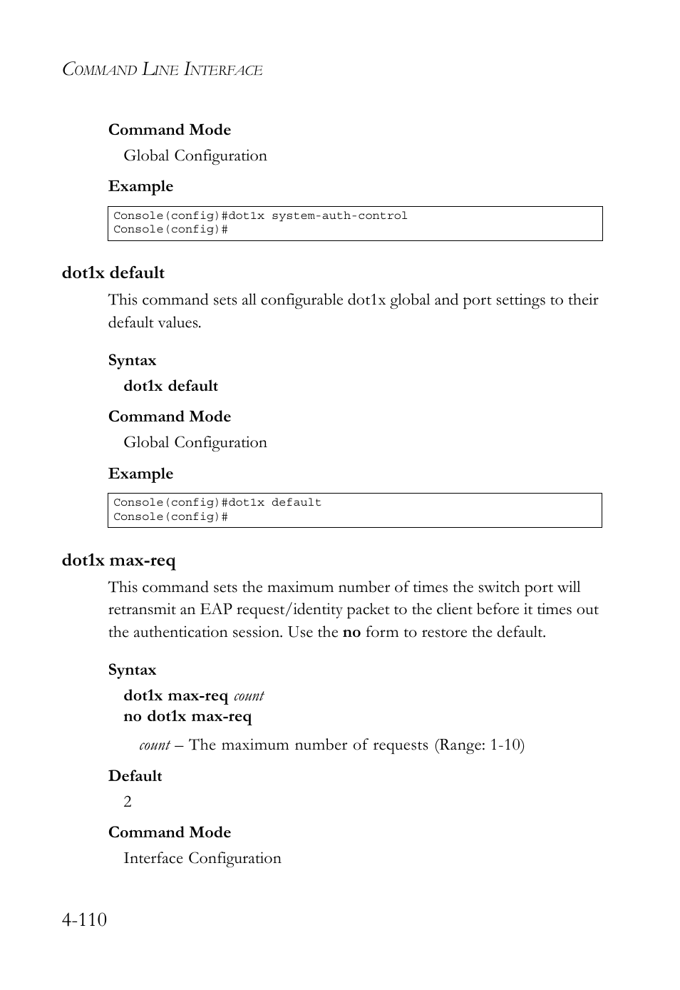 Dot1x default, Dot1x max-req, Dot1x default -110 dot1x max-req -110 | SMC Networks TigerSwitch User Manual | Page 352 / 518