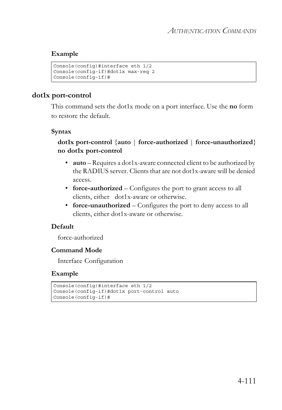 Dot1x port-control, Dot1x port-control -111 | SMC Networks TigerSwitch User Manual | Page 353 / 518