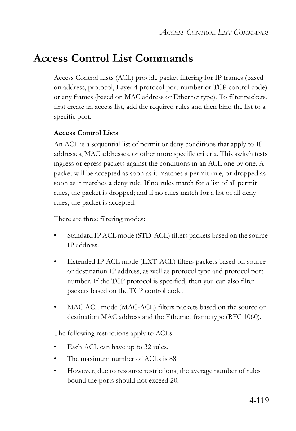 Access control list commands, Access control list commands -119 | SMC Networks TigerSwitch User Manual | Page 361 / 518