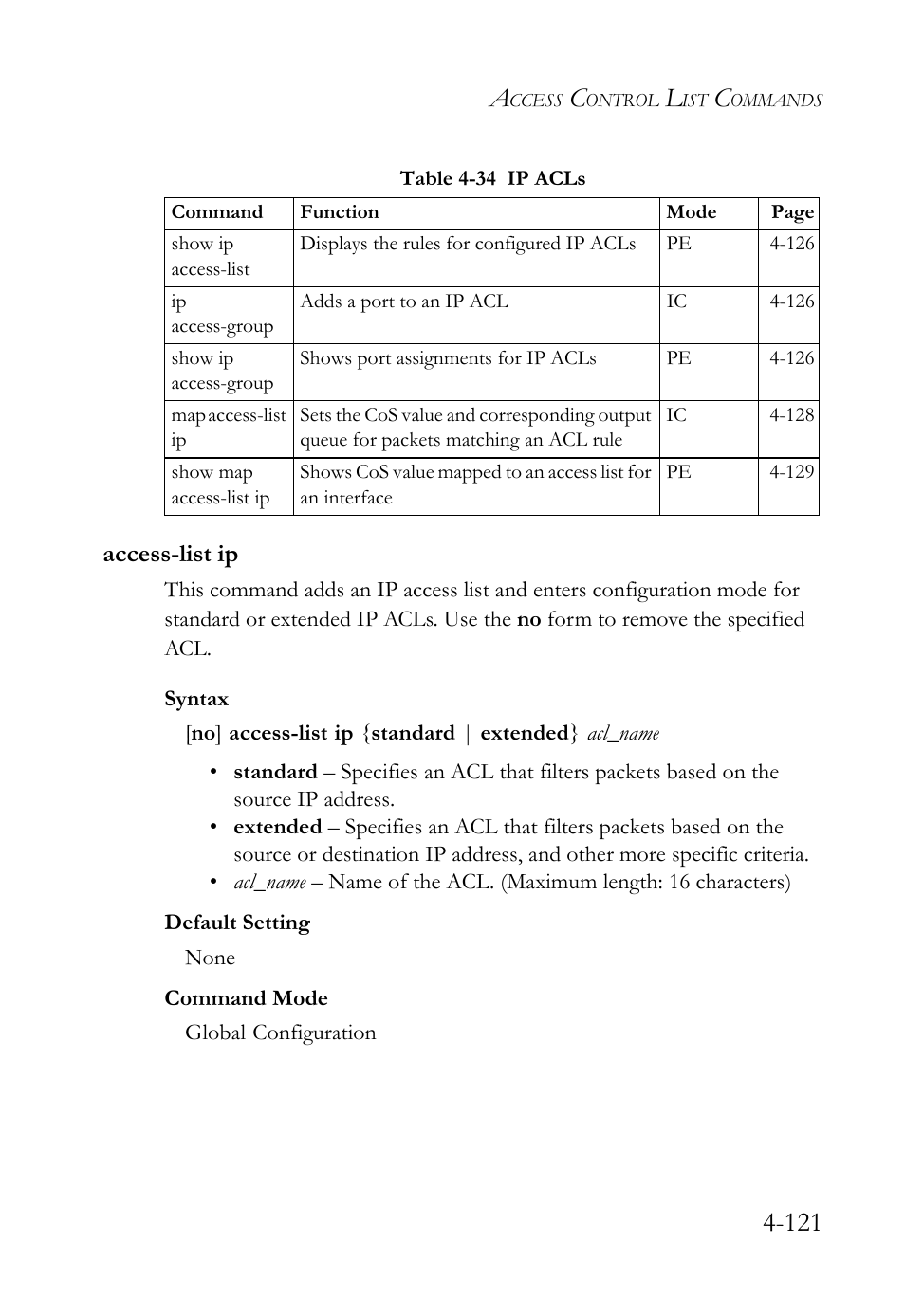 Access-list ip, Access-list ip -121 | SMC Networks TigerSwitch User Manual | Page 363 / 518