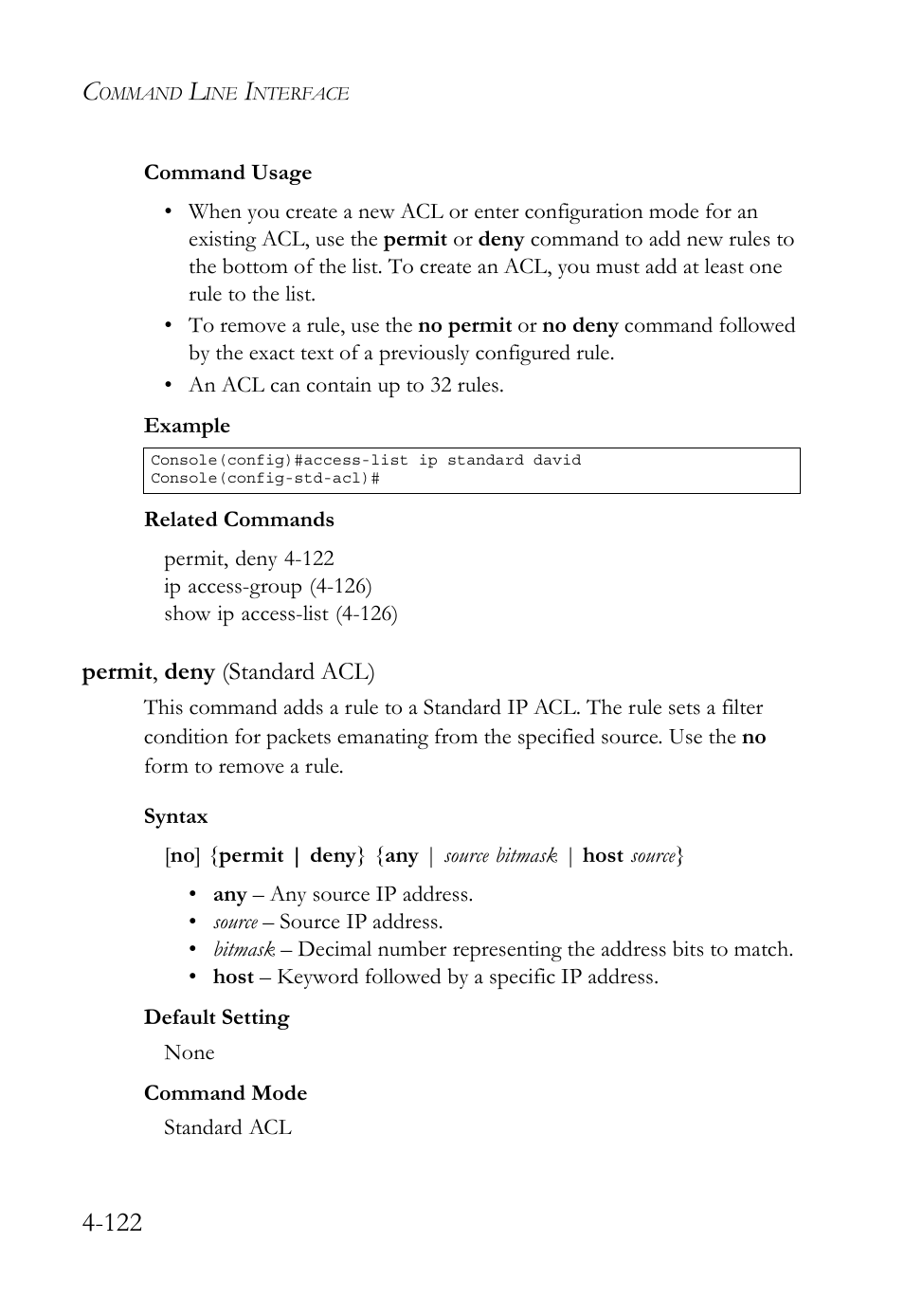 Permit, deny (standard acl), Permit, deny (standard acl) -122 | SMC Networks TigerSwitch User Manual | Page 364 / 518