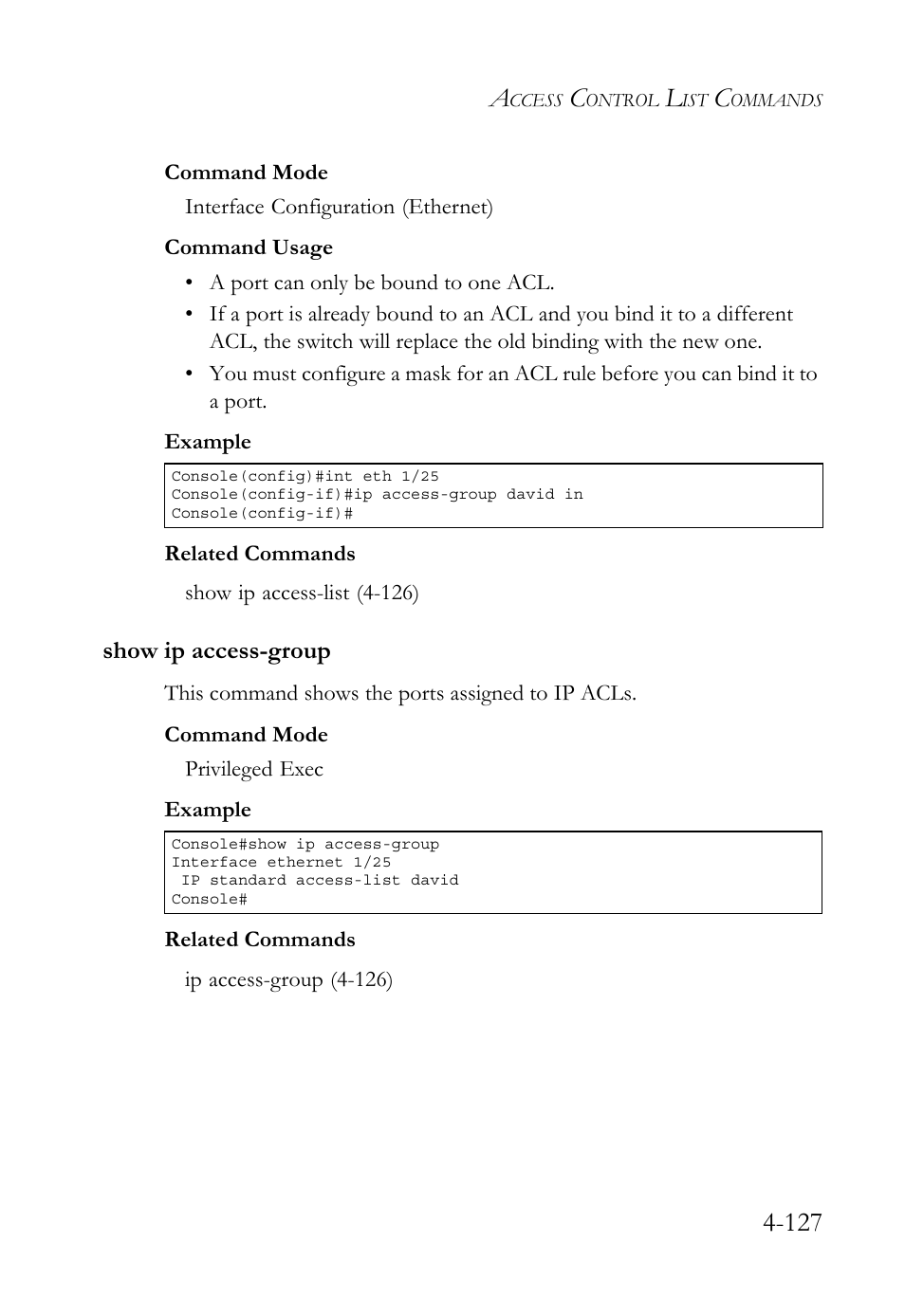 Show ip access-group, Show ip access-group -127 | SMC Networks TigerSwitch User Manual | Page 369 / 518