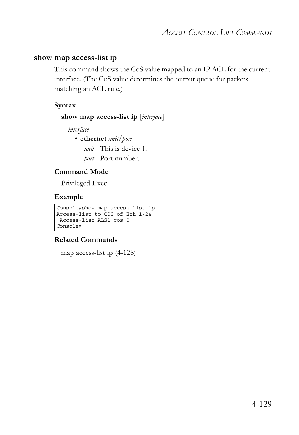 Show map access-list ip, Show map access-list ip -129, Show map access-list ip (4-129) | SMC Networks TigerSwitch User Manual | Page 371 / 518