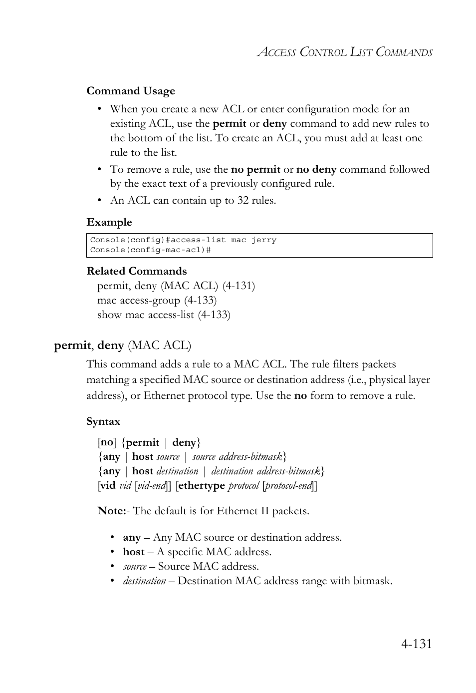 Permit, deny (mac acl), Permit, deny (mac acl) -131 | SMC Networks TigerSwitch User Manual | Page 373 / 518