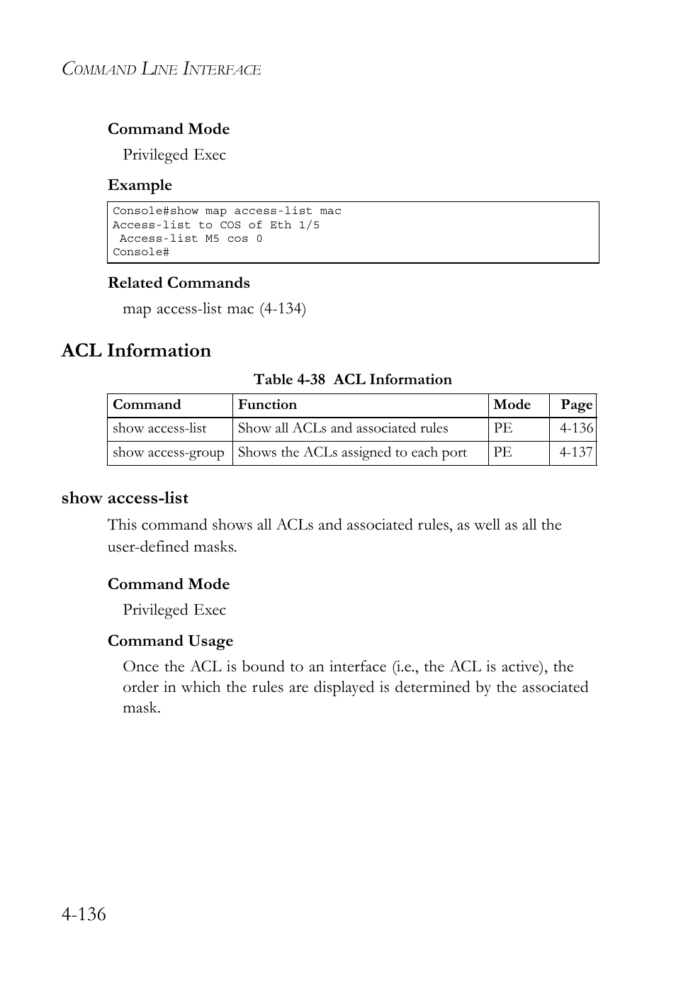 Acl information, Show access-list, Acl information -136 | Show access-list -136, Table 4-38 acl information -136 | SMC Networks TigerSwitch User Manual | Page 378 / 518