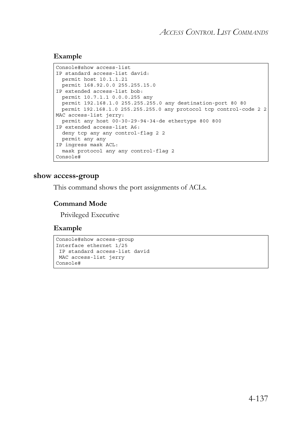 Show access-group, Show access-group -137 | SMC Networks TigerSwitch User Manual | Page 379 / 518