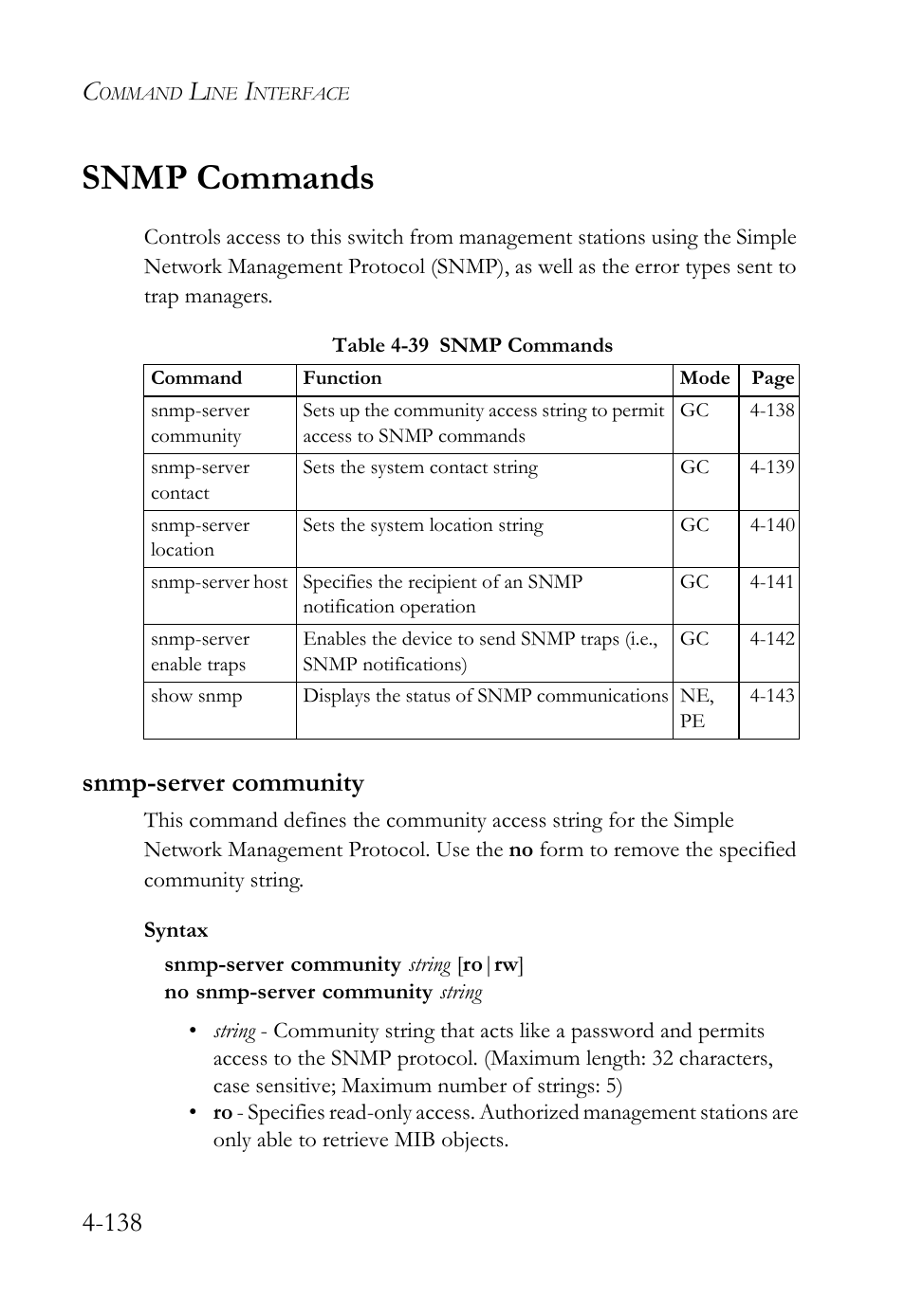 Snmp commands, Snmp-server community, Snmp commands -138 | Snmp-server community -138, Table 4-39 snmp commands -138 | SMC Networks TigerSwitch User Manual | Page 380 / 518