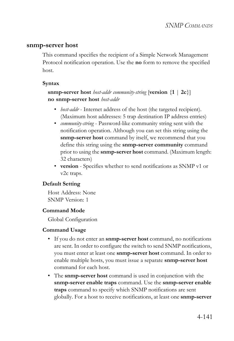 Snmp-server host, Snmp-server host -141, Snmp c | 141 snmp-server host | SMC Networks TigerSwitch User Manual | Page 383 / 518