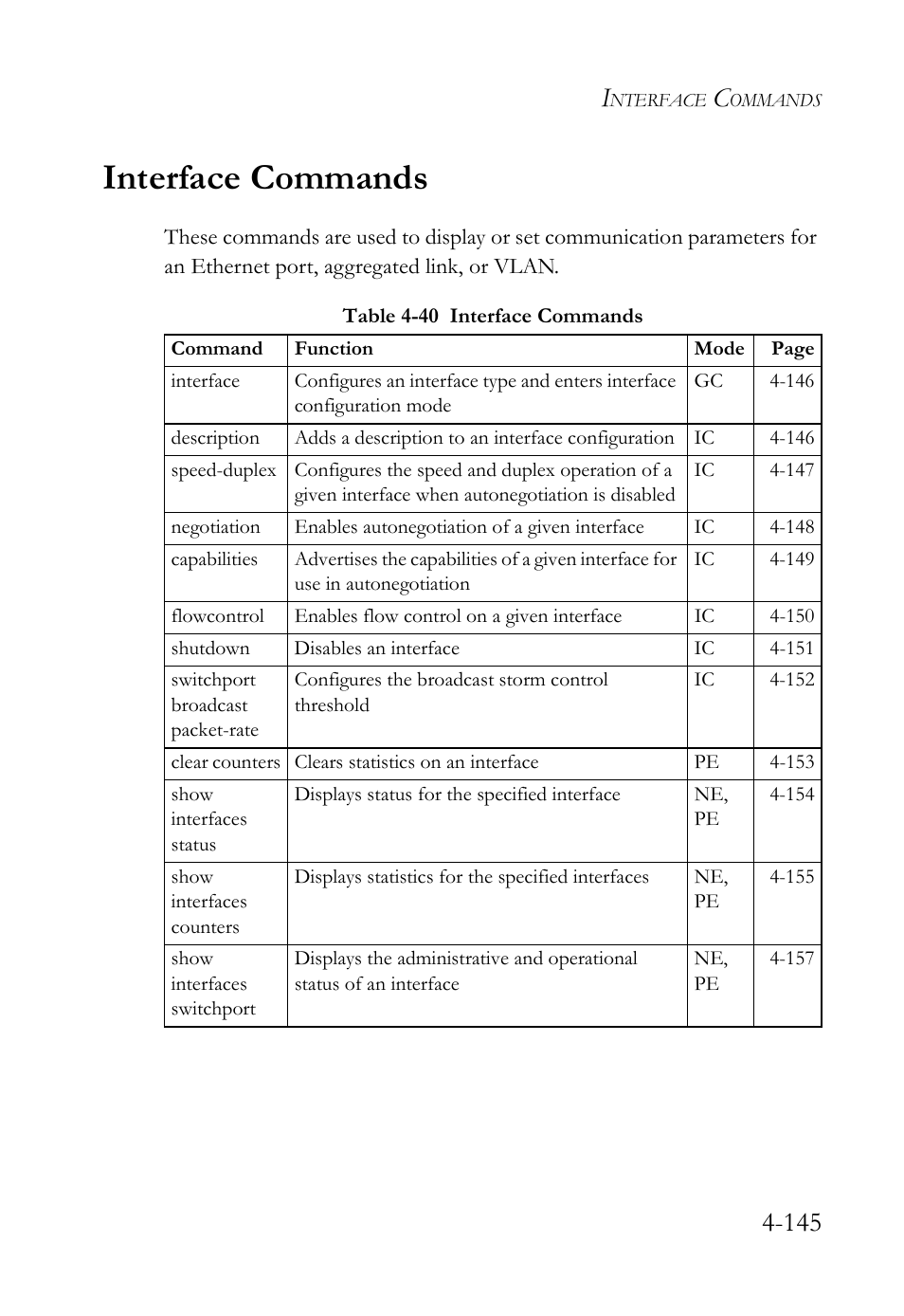 Interface commands, Interface commands -145, Table 4-40 interface commands -145 | SMC Networks TigerSwitch User Manual | Page 387 / 518