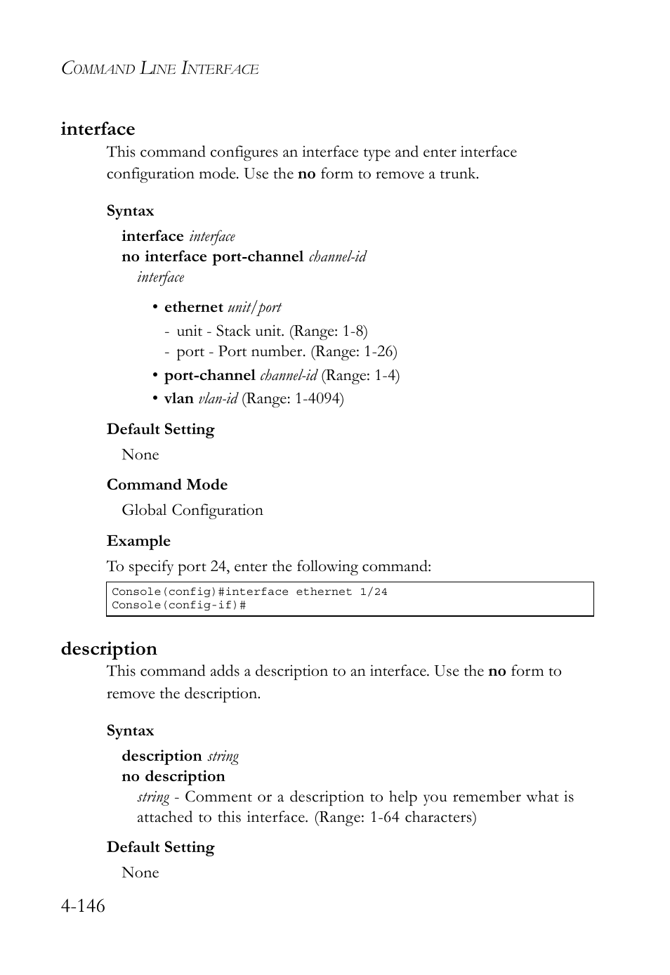 Interface, Description, Interface -146 description -146 | 146 interface | SMC Networks TigerSwitch User Manual | Page 388 / 518