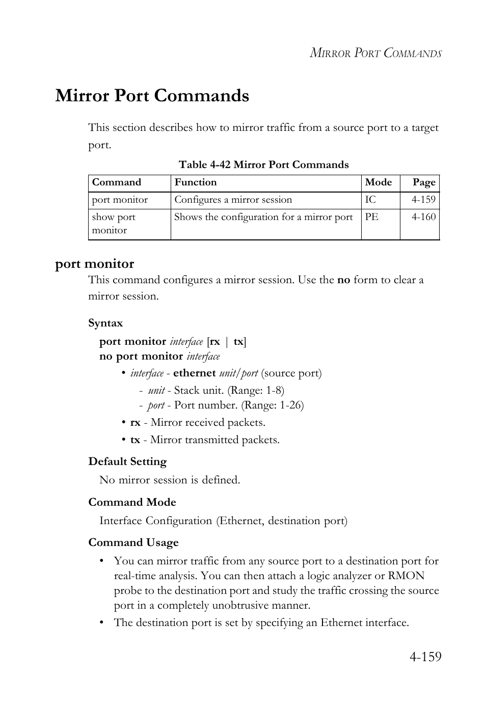 Mirror port commands, Port monitor, Mirror port commands -159 | Port monitor -159, Table 4-42 mirror port commands -159 | SMC Networks TigerSwitch User Manual | Page 401 / 518