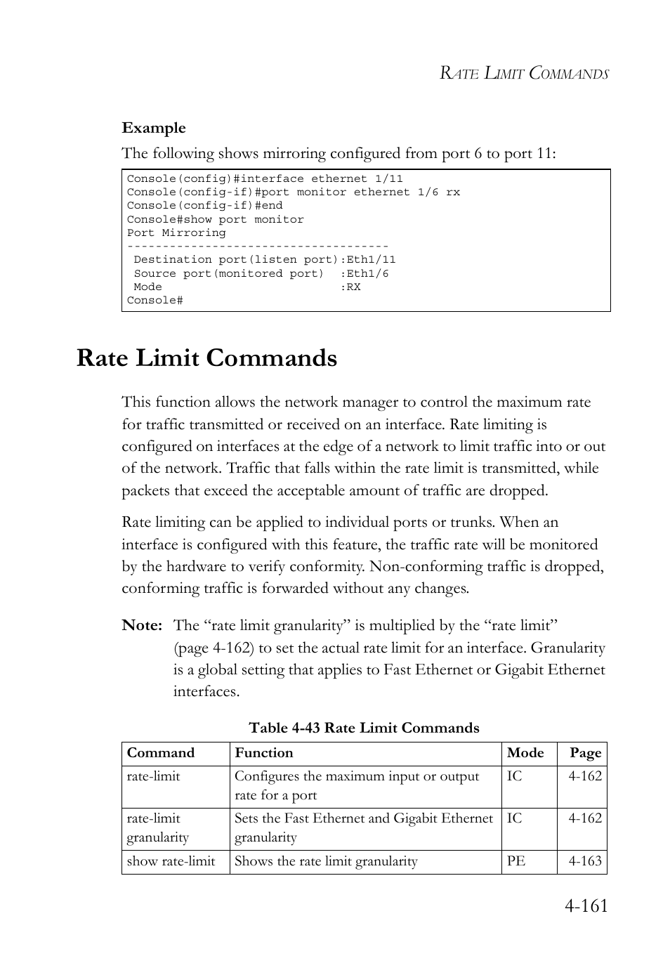 Rate limit commands, Rate limit commands -161, Table 4-43 rate limit commands -161 | SMC Networks TigerSwitch User Manual | Page 403 / 518