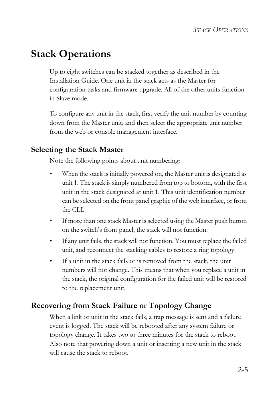 Stack operations, Selecting the stack master, Recovering from stack failure or topology change | Stack operations -5 | SMC Networks TigerSwitch User Manual | Page 41 / 518